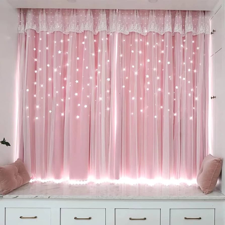 Amazon｜姫系 遮光カーテン 可愛い 星 カーテン 遮光 遮像 目隠し