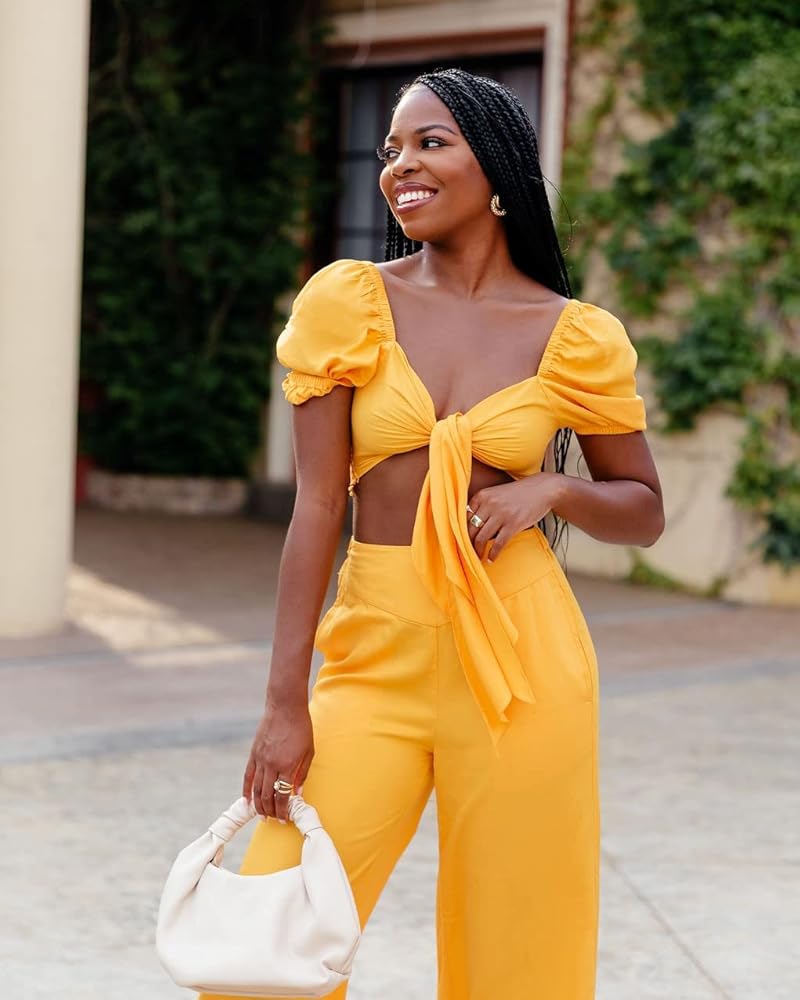 Amazon.com: The Drop Women's Mango Cropped Tie Front Puff Sleeve