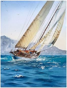 Amazon.co.jp: 現代絵画ヴィンテージセーリングヨット水彩ポスター海景