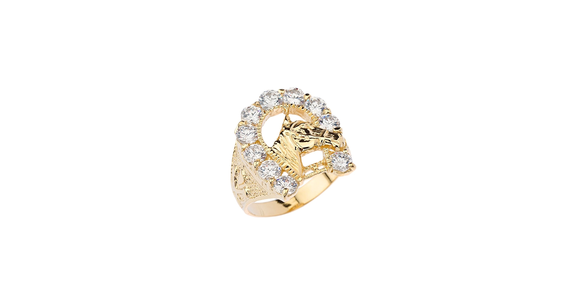 Men's Elegant CZ Lucky Horseshoe and Horse Head Ring in 14k Yellow