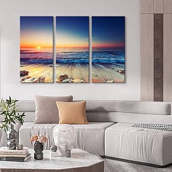 Amazon.co.jp: ビーチ 海 アートパネル 3枚 飾り絵 モダン 日の出 海の
