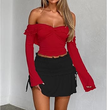 Goafuliy Twist Front Tops for Women, Bell Sleeve Off Shoulder