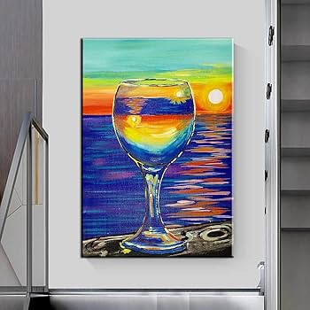 Amazon｜ワイングラスに映る夕日キャンバスにアートワークの油絵
