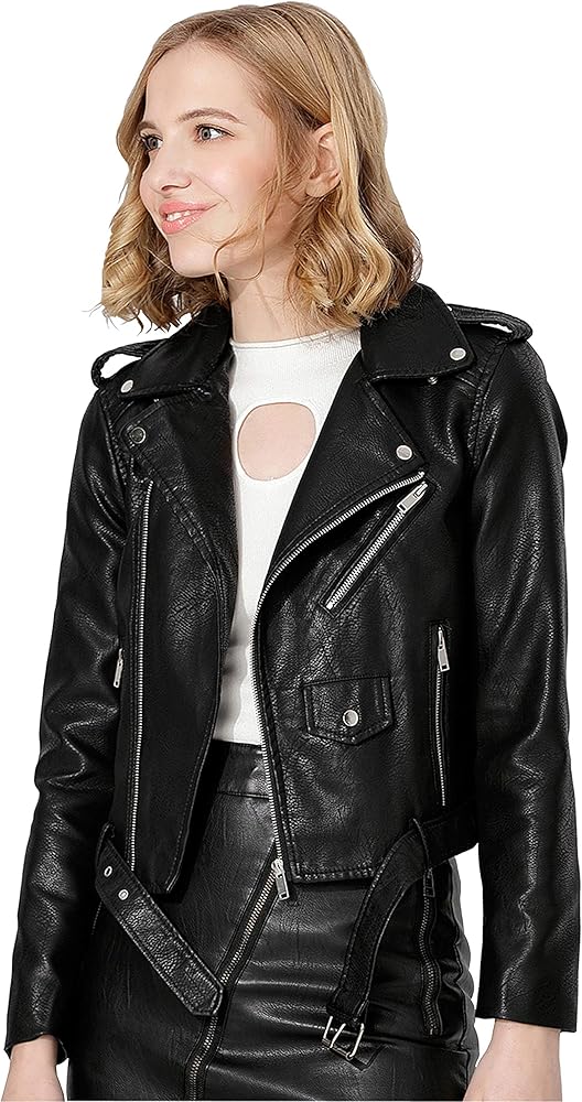 Jhichic Women's Faux Leather Textured Short Moto Jacket Zip-up