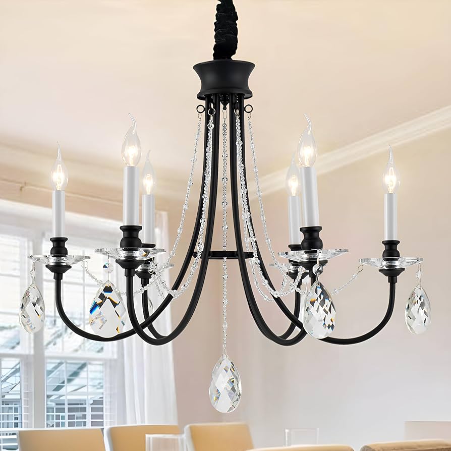 Kaluxry 6-Light Black Crystal Chandelier, Farmhouse Vintage French