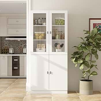 Amazon｜Timechee 食器棚 キッチン収納 キャビネットガラス扉付き 幅80
