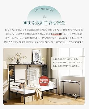 Amazon｜ロフトベッド + デスク付き 収納 シングル パイプ 3in1 耐震