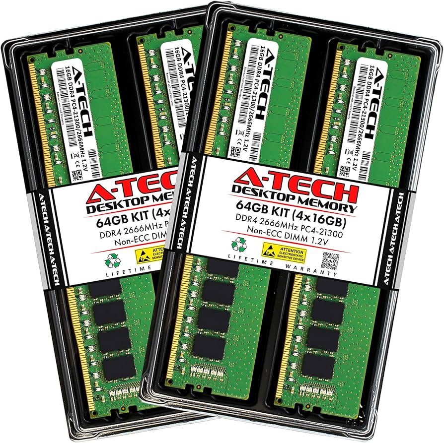 A-Tech 64GB (4x16GB) DDR4 2666 MHz UDIMM PC4-21300 (PC4-2666V