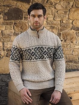 Aran Crafts Men's Irish Cable Knit Wool Half Zip Jacquard Sweater