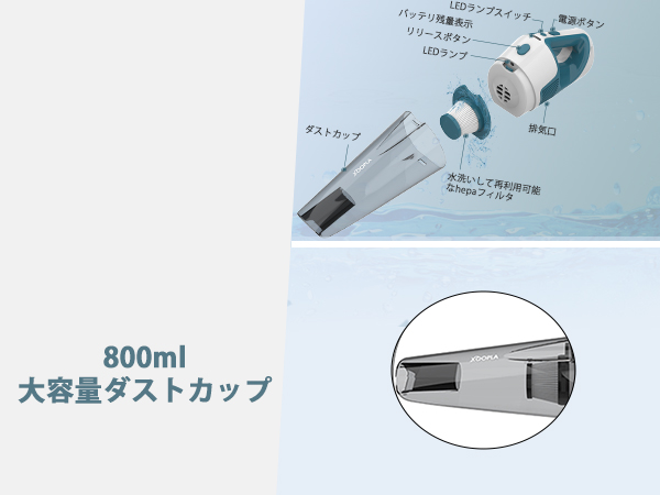 Amazon | ハンディクリーナー 800ml 大容量ダストタンク 車用掃除機