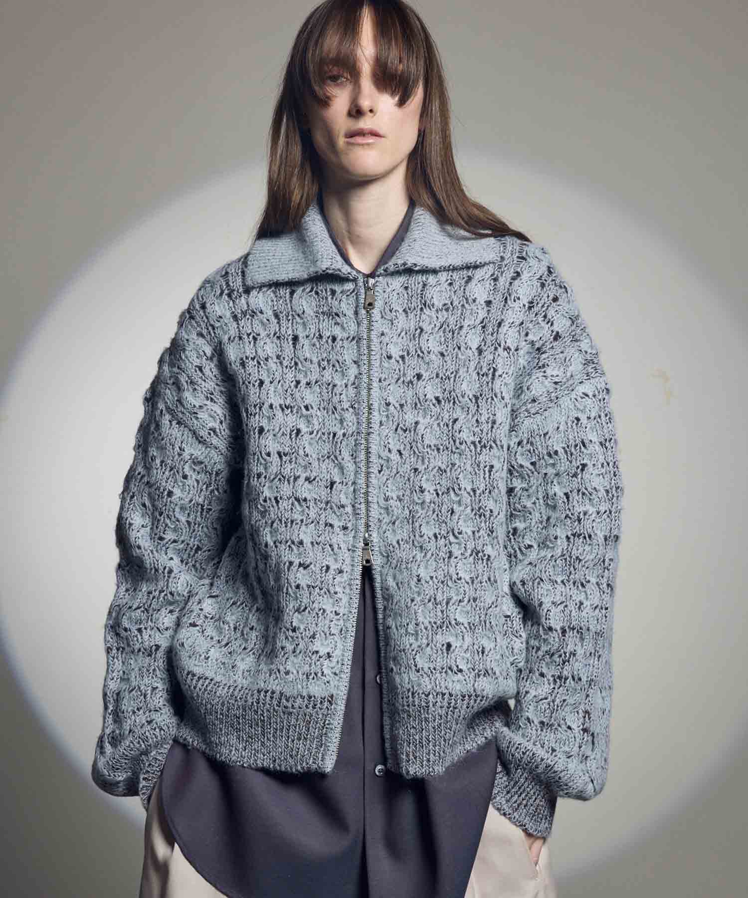 Prime-Over Mohair Mixed Plating Cable Knit Zip Blouson