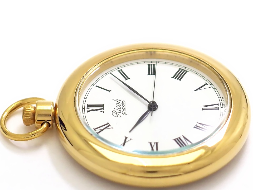 リコー 懐中時計 37mm Ref.312011 ローマインデックス 金メッキ 鎖付き
