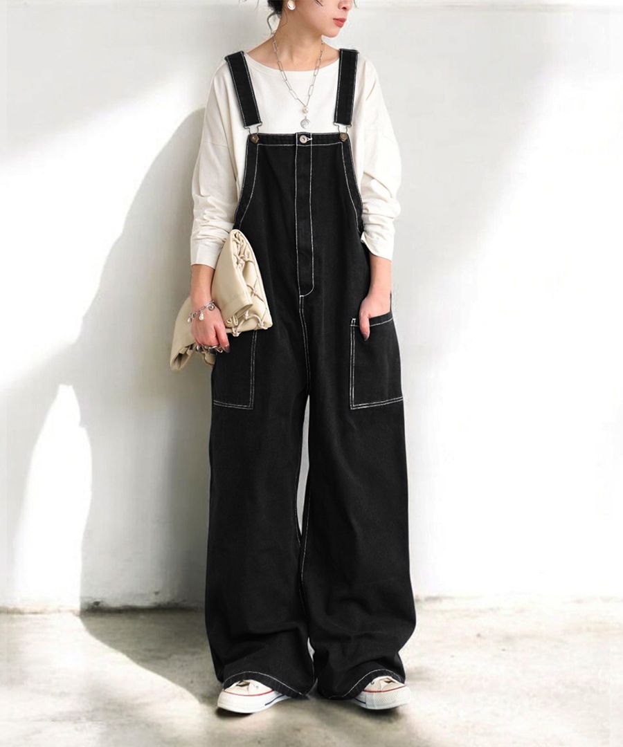 ステッチ配色デニムサロペット サロペット レディース 送料無料