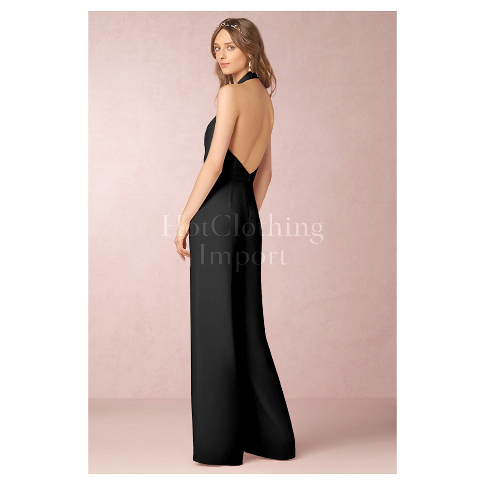 オープンバック ホルターネック ジャンプスーツ Vネック