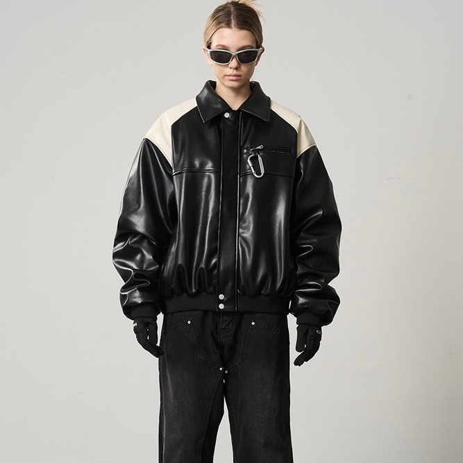 HARSH AND CRUEL コントラストカラー フェイクレザージャケット