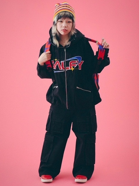 GALFY セットアップ フード付きブラックジャケット&デニムワイドカーゴ