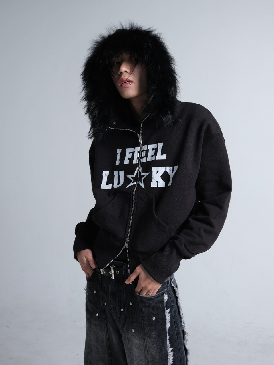 IFEELLUCKY】Lucky fur hood zip up / 【アイフィールラッキー