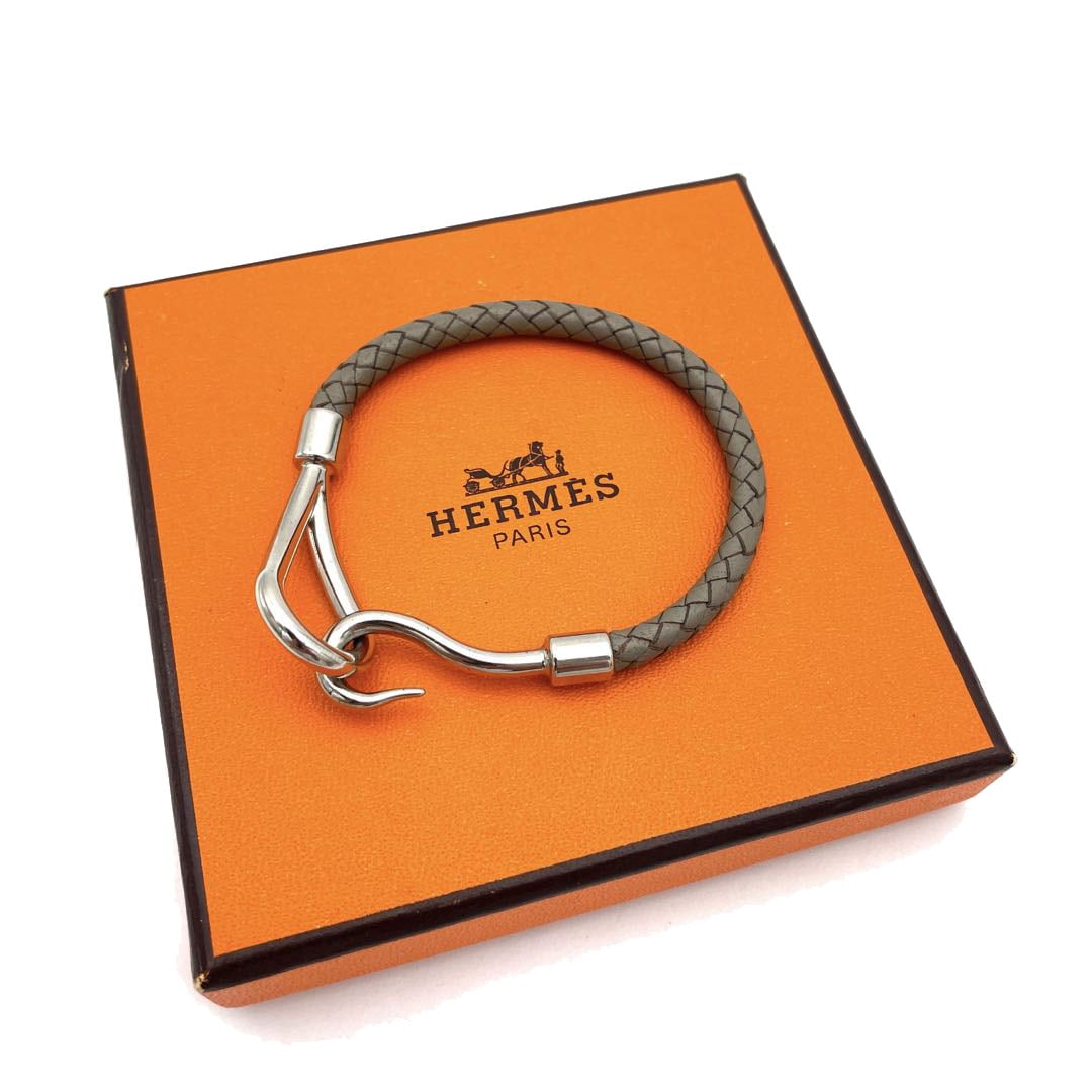 HERMES エルメス ジャンボブレスレット 編み込みレザー グレー系
