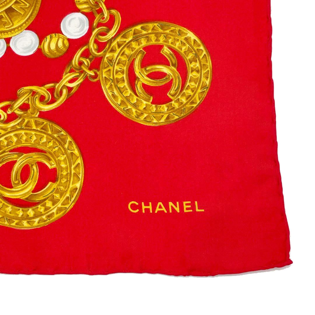 CHANEL シャネル スカーフ ココマーク チェーン柄 シルク レッド
