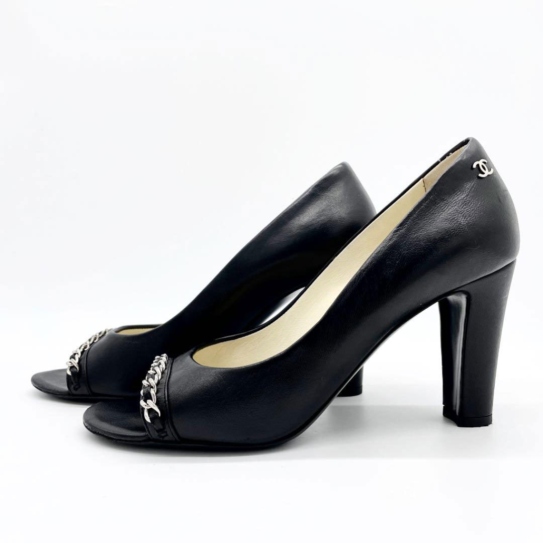 CHANEL シャネル オープントゥパンプス レザー チェーン ブラック 37 1