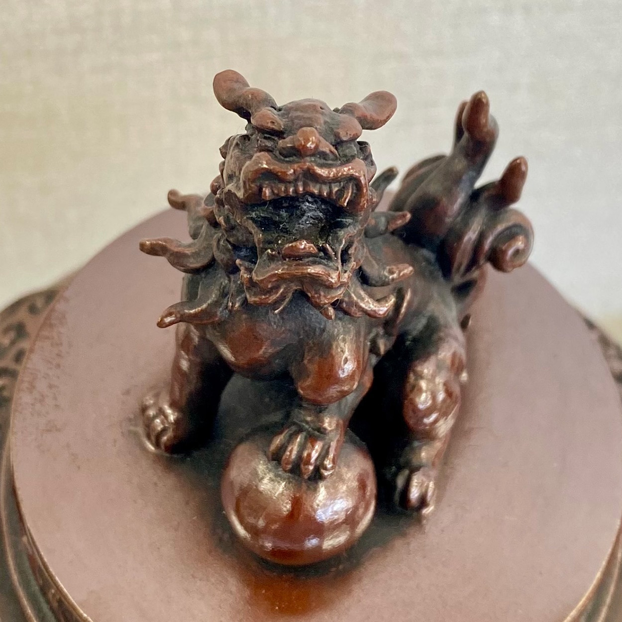 高岡銅器 青銅製香炉 長足菖蒲獅子蓋