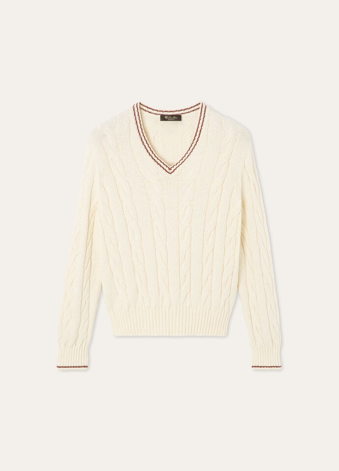 Augusta V-Neck Cotton White/Kummel | Jumpers Loro Piana FR