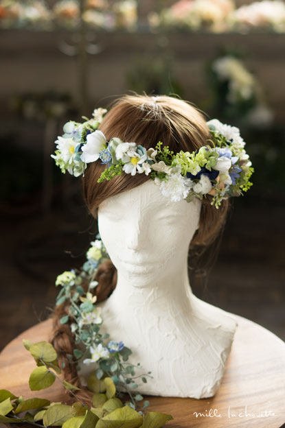 ブルー×ホワイト・グリーンナチュラル花冠/ガーランド【オーダーメイド