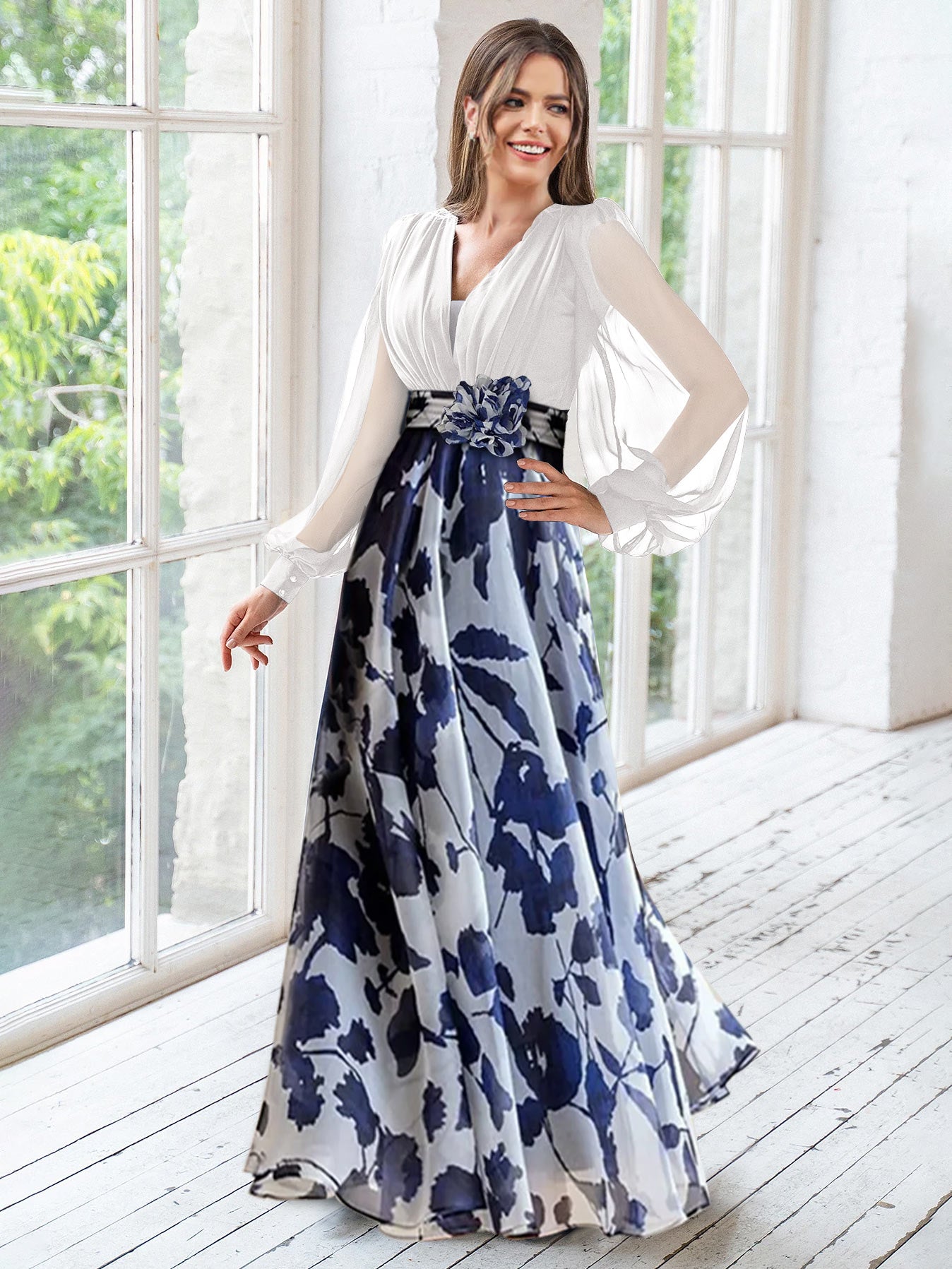 A Line/Princess V-Neck Long Sleeves Floor Length Floral Mother of
