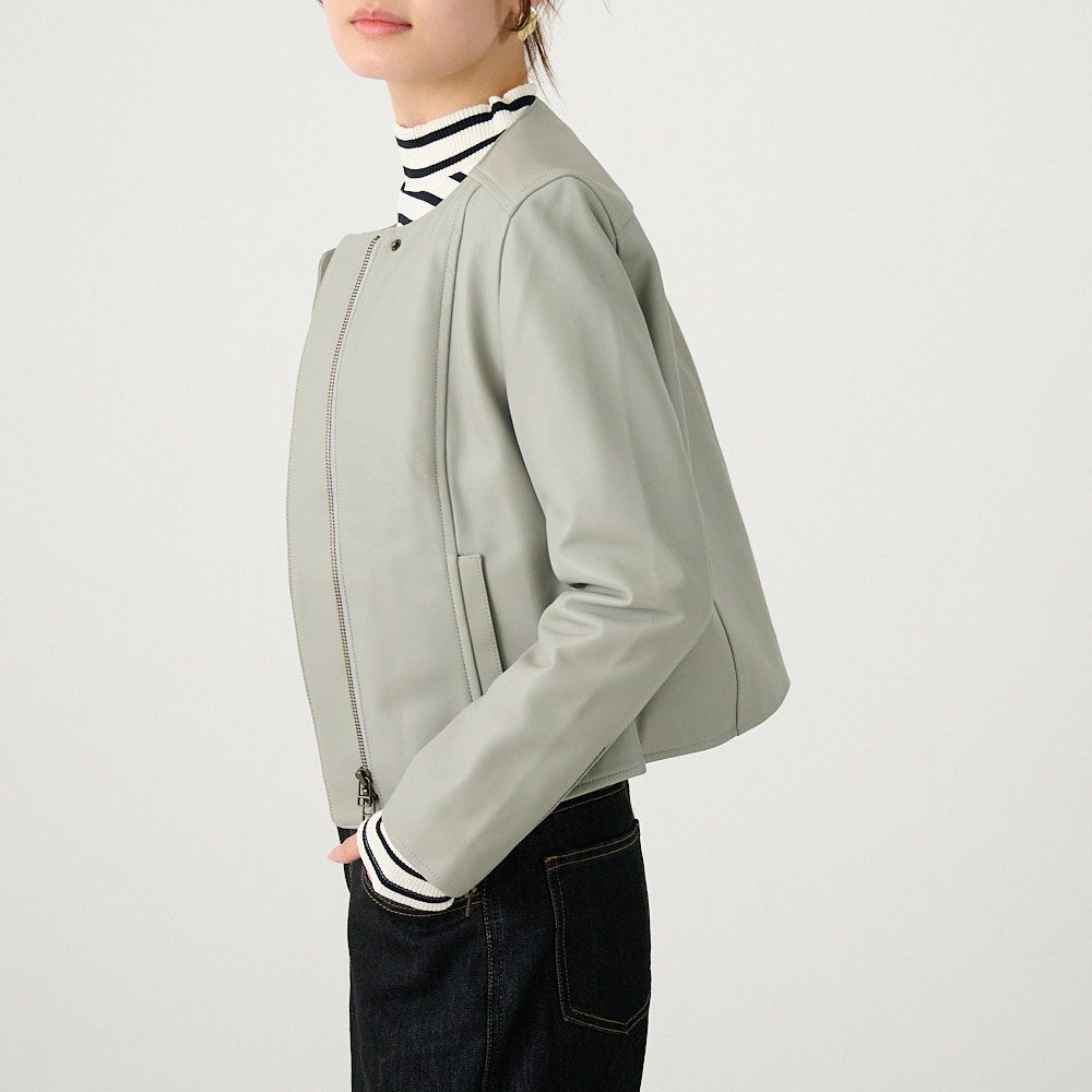 ラムレザー ノーカラージャケットブルゾン(グレー) | もりのがっこう公式