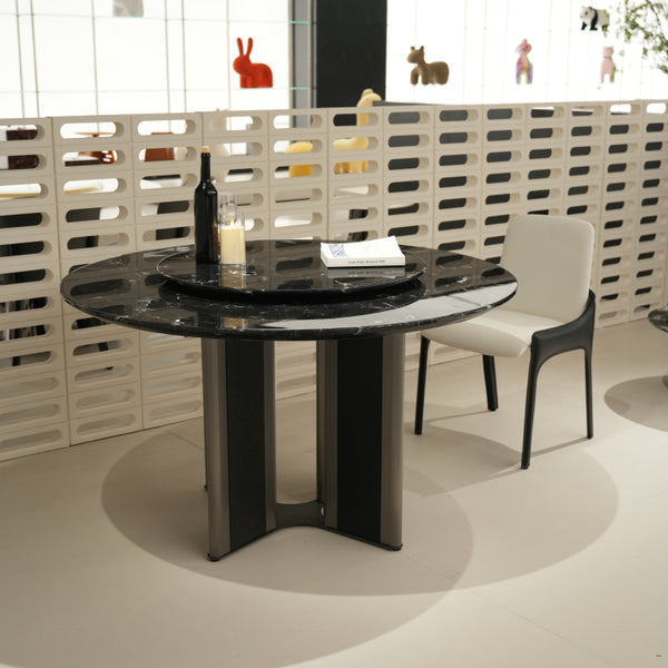 デザイナーズ天然大理石ダイニングテーブル ブラック×シルバー天板の