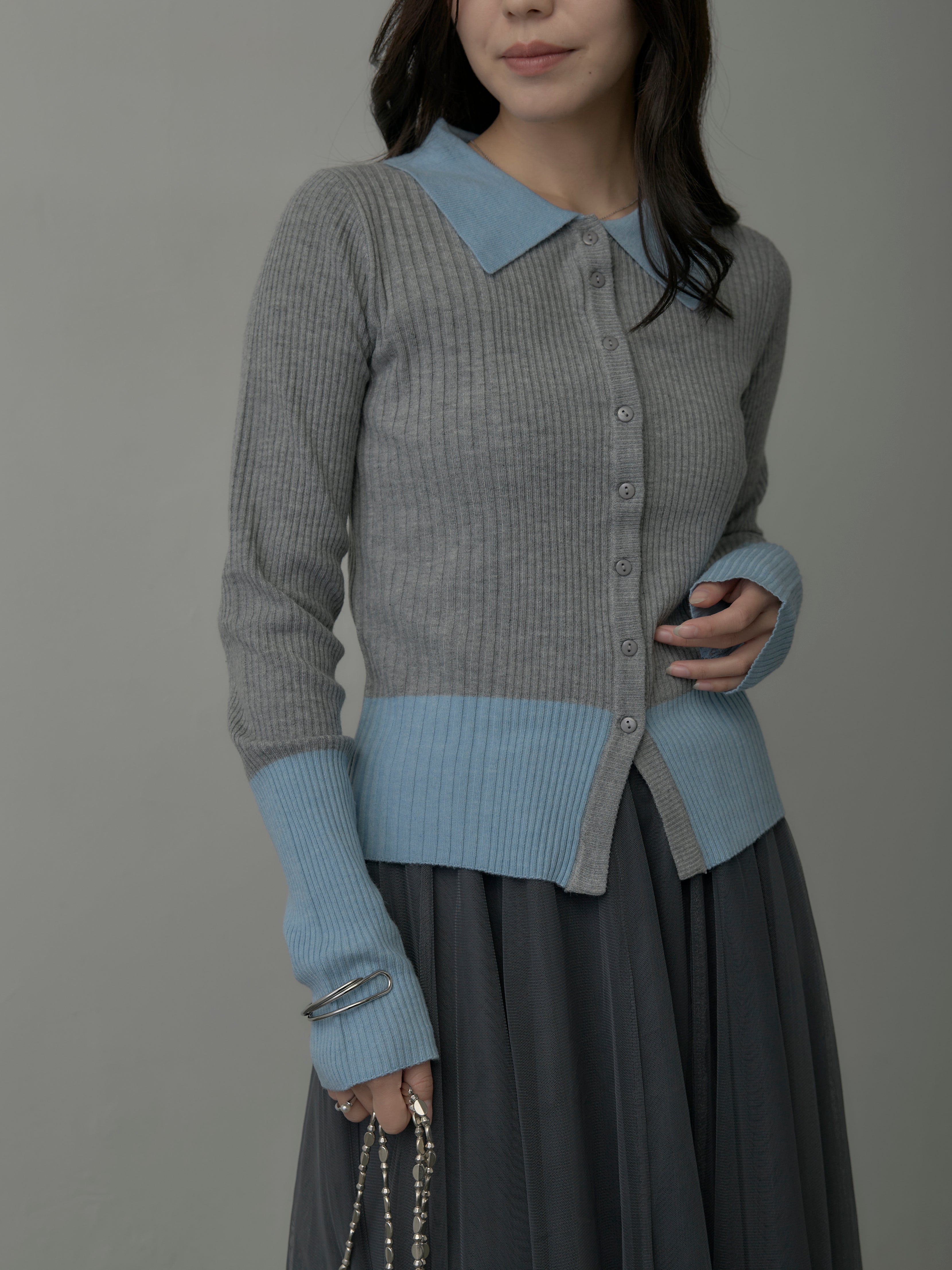 SET】バイカラーリブニットポロトップス+バイカラーリブニットポロ