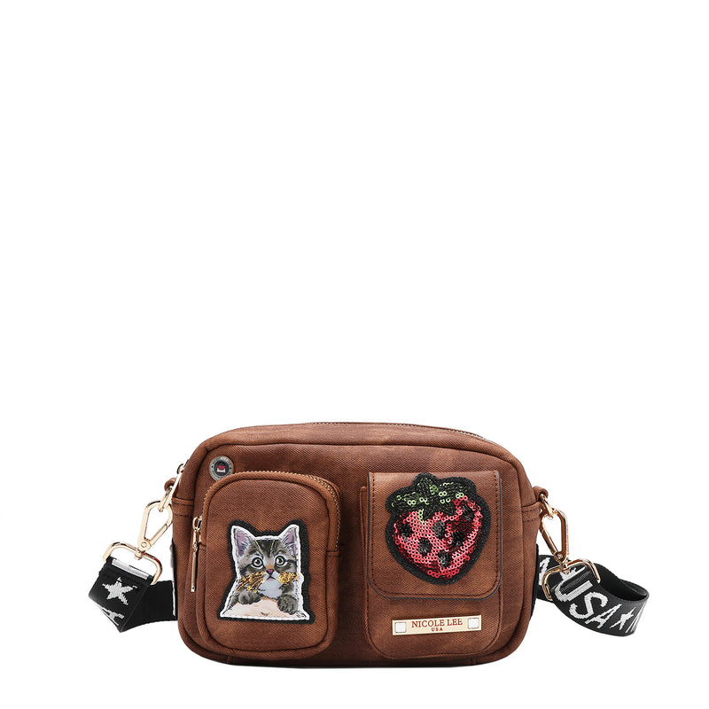 Multi Patch Zipper Bag, Medium/Large Vegan Leather with Denim Look