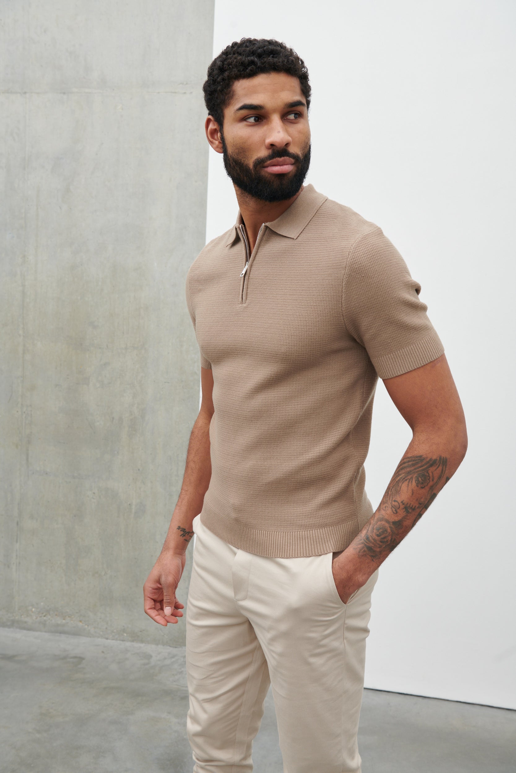 Nolan Textured Zip Polo - Taupe – Nobl