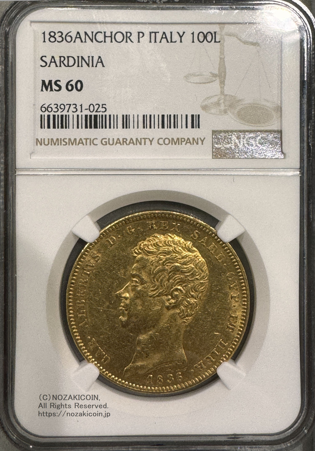 イタリア 100リレ金貨 1836年 サルディニア カルロアルベルト NGC MS60