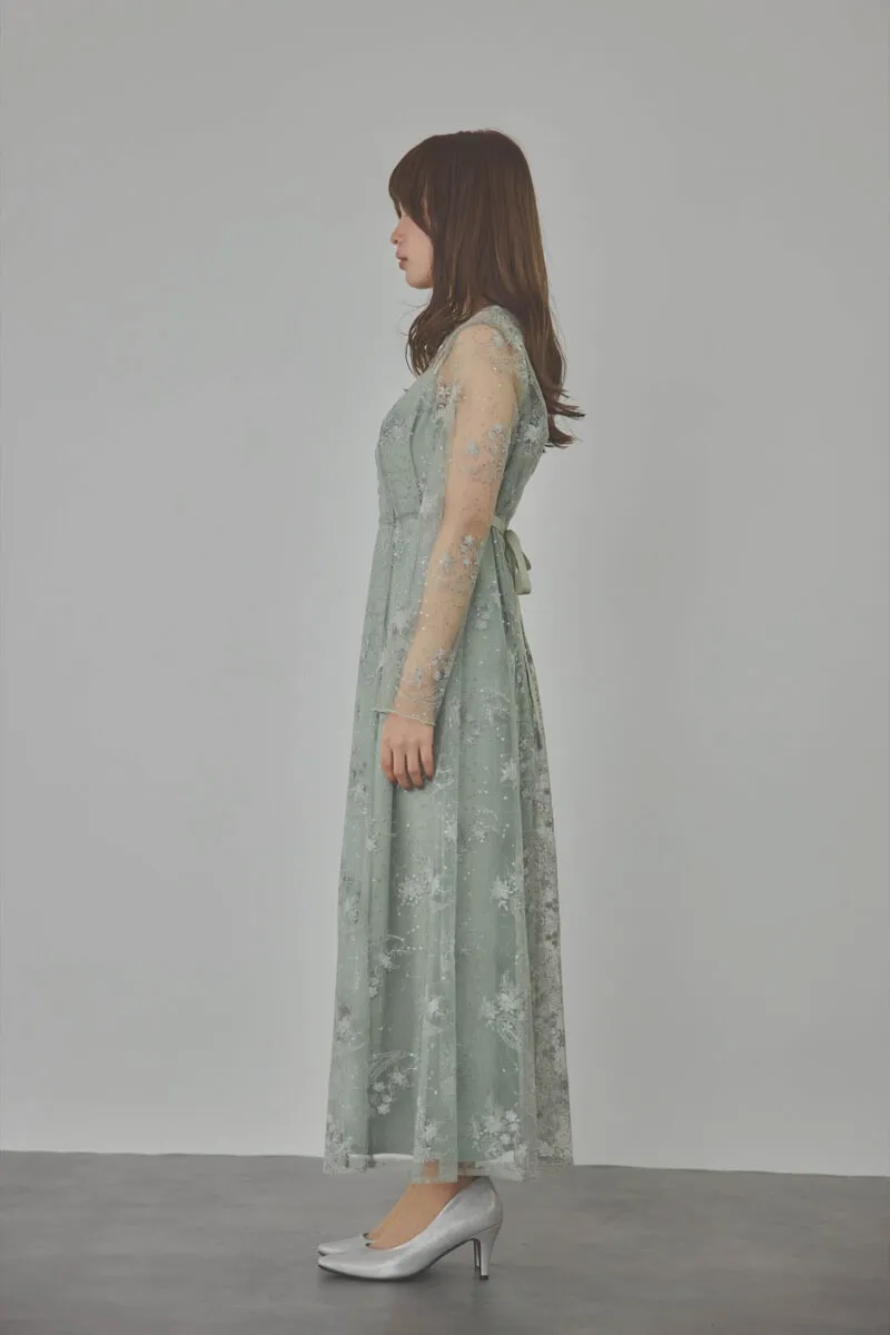 ミントのスパンコールエンブロイダリーAラインドレス[S〜M対応] kaene