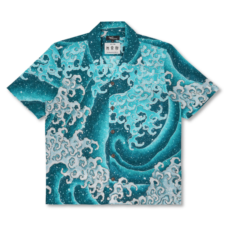 葛飾北斎 コットンアロハシャツ ＜怒涛図男浪/濃碧＞ | 京友禅アロハ