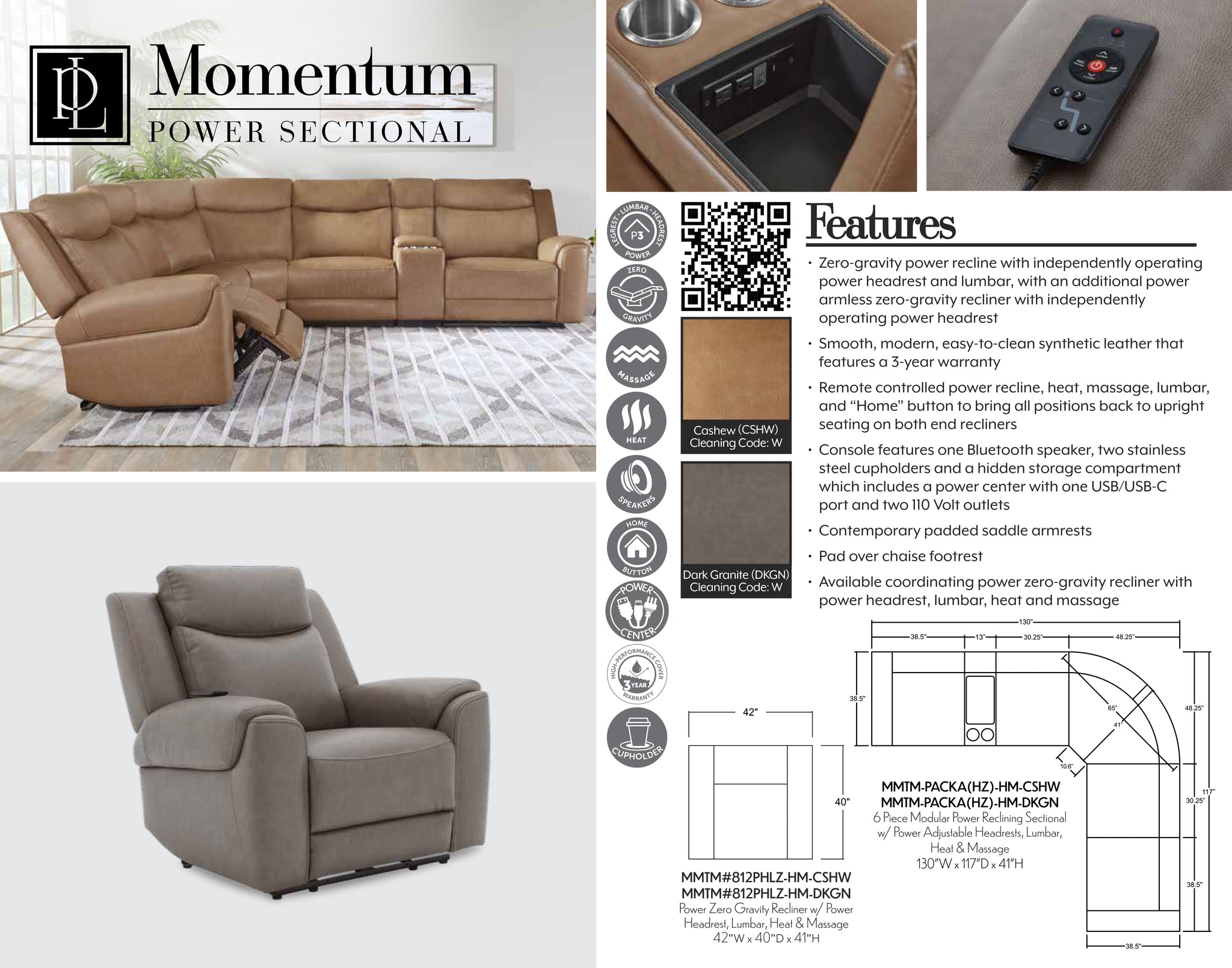 MOMENTUM - CASHEW Power Zero Gravity Recliner with Heat & Massage