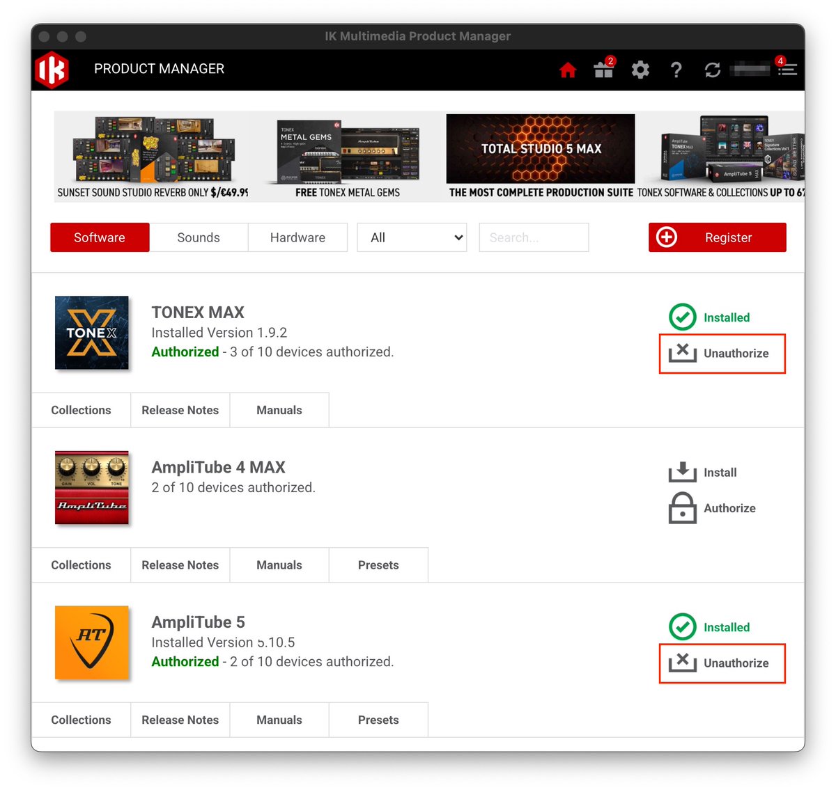 Tonex pedal中古販売の際にソフトウェア譲渡手続き踏んでください
