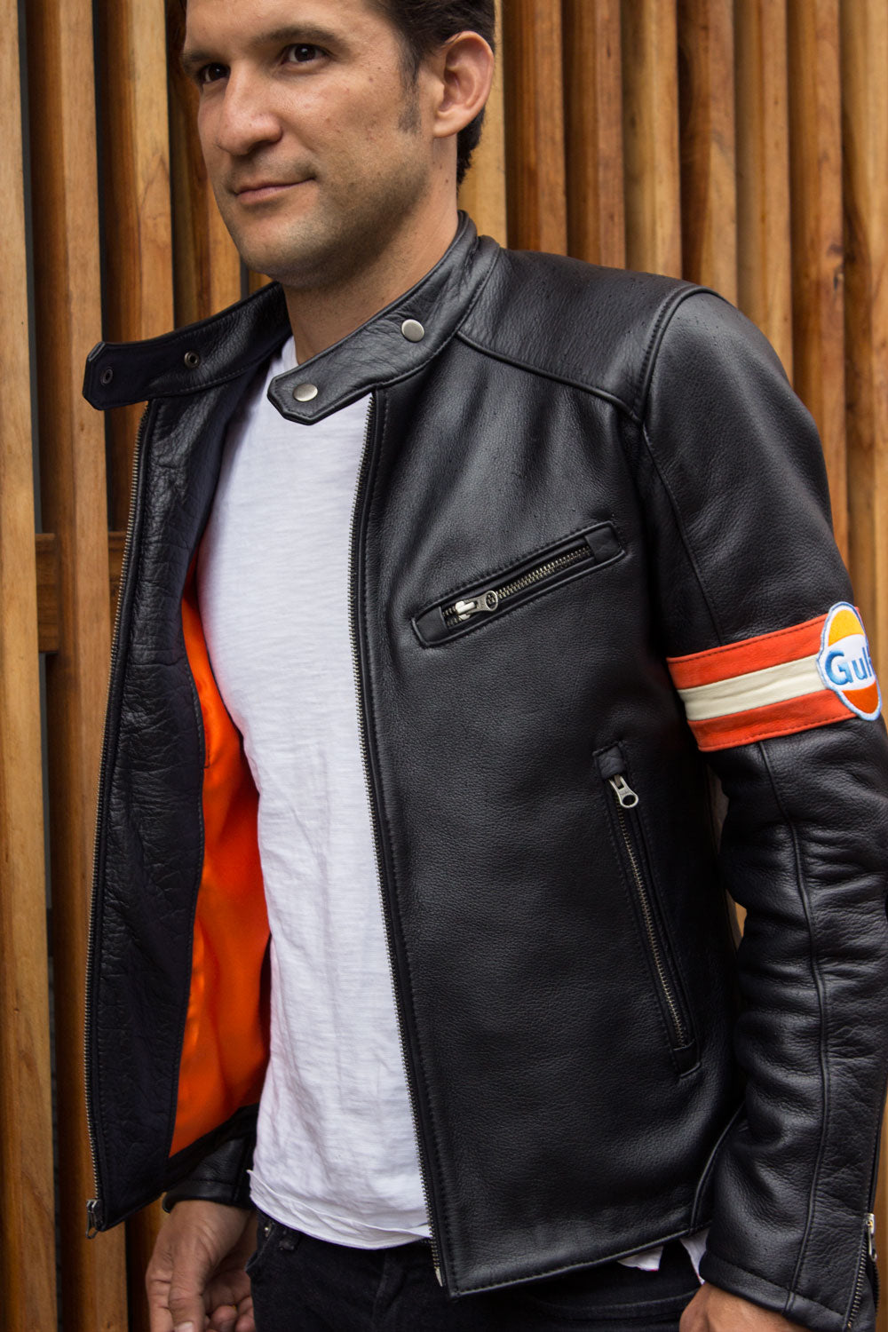 GULF Leather Jacket Cafe Racer Modern Retro Stripes – PDCollection