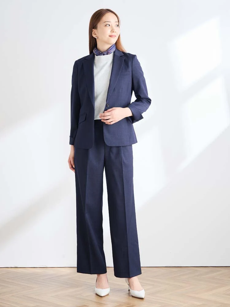 ネイビー デニムライクスーツ 無地 ワイドパンツ ネイビー/グレー
