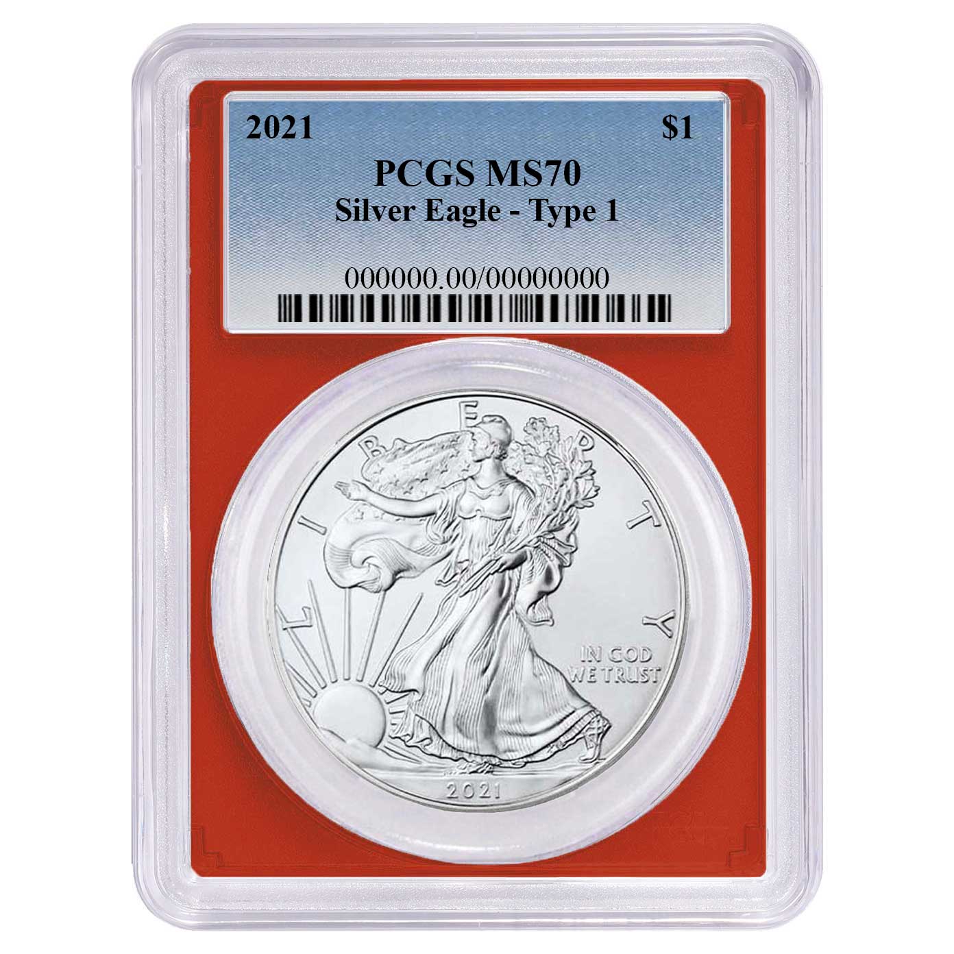 2021 $1 Type 1 American Silver Eagle PCGS MS70 Blue Label Red
