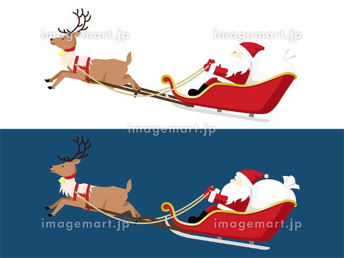空を飛ぶトナカイのソリに乗ったサンタクロース クリスマスのイラスト