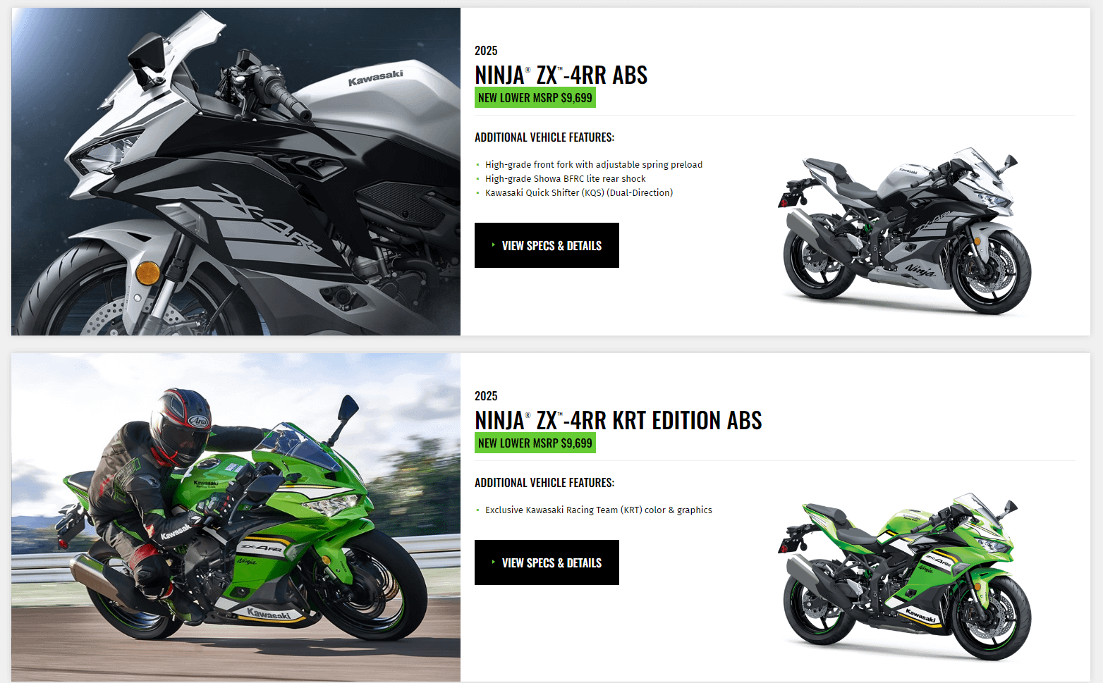 2025 ZX-4RR が Kawasaki US のウェブサイトに登場。「新しい低価格