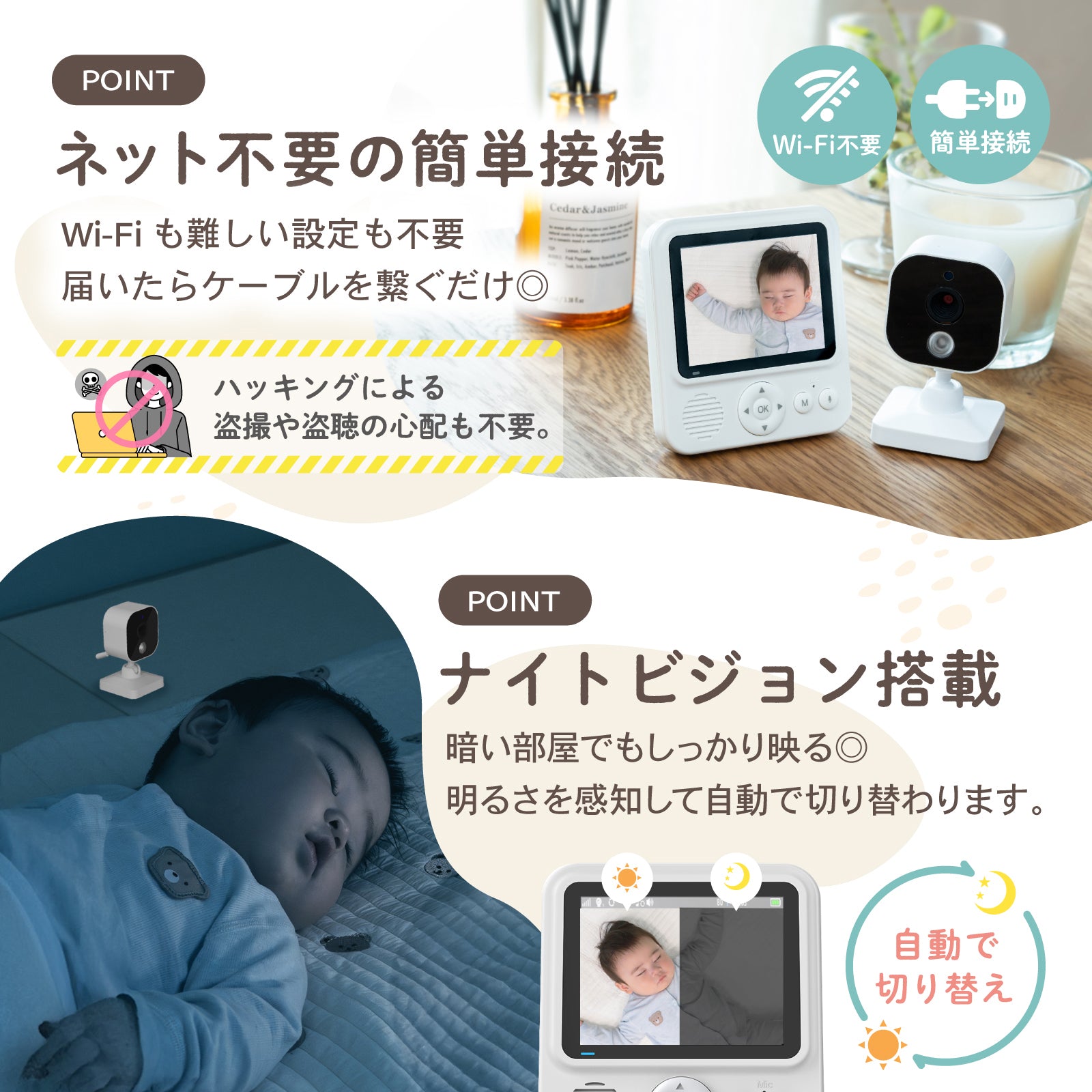 ベビーモニター Wi-Fi不要 簡単設定｜まもっち PYKES PEAK