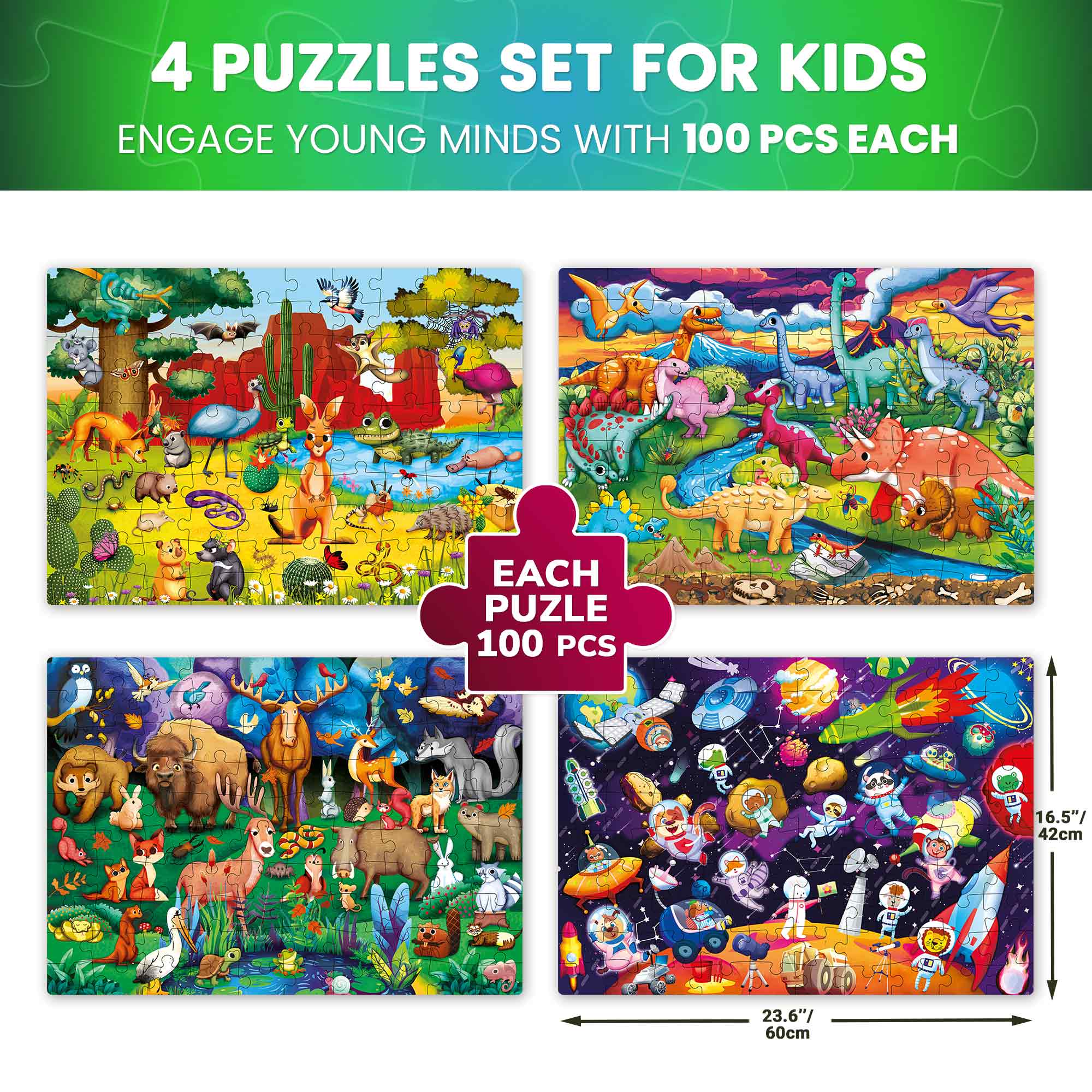 QUOKKA 100 Piece Glow-in-The-Dark Puzzles for Kids | Space, Dino