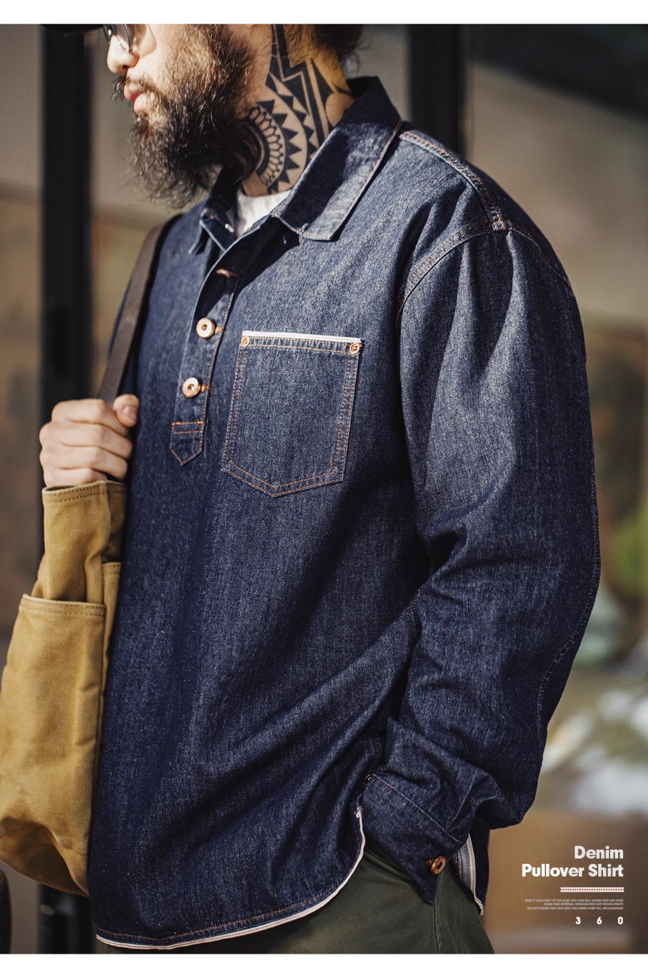 ☆ヴィンテージ復刻セルビッチデニムプルオーバーシャツ☆S～2XL