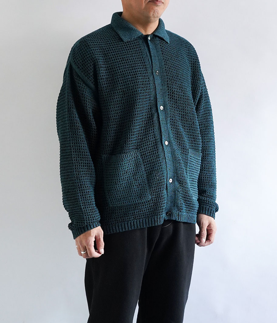 YOKE MESH KNITTED BUTTONED CARDIGAN [BOTTLE GREEN] - Fresh Service
