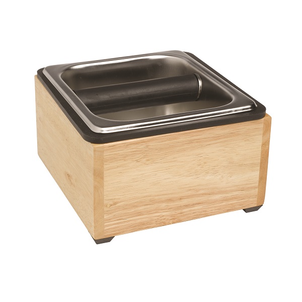 Basic Knock Box Set, Stainless Steel, 6″x5.5″x4″, with Maple
