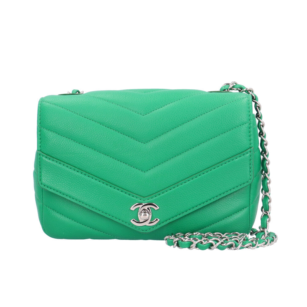 CHANEL シャネル Vステッチ ショルダーバッグ レザー グリーン
