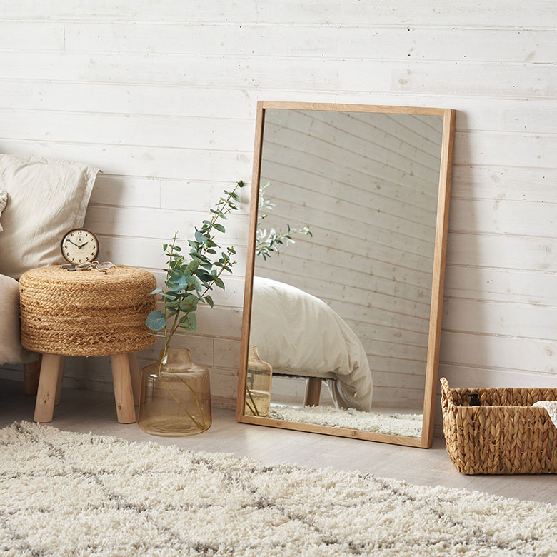 鏡 壁掛けミラー 長方形 オーク材 ナチュラル 約 W 58cm D 3cm H 88cm